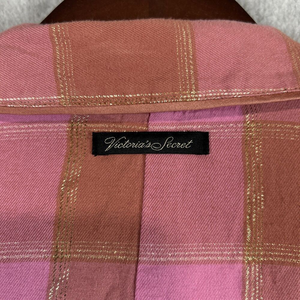 VICTORIA SECRET | Women’s Rose Blush Pink Gold Plaid Flannel Romper size L Cozy - Picture 8 of 8
